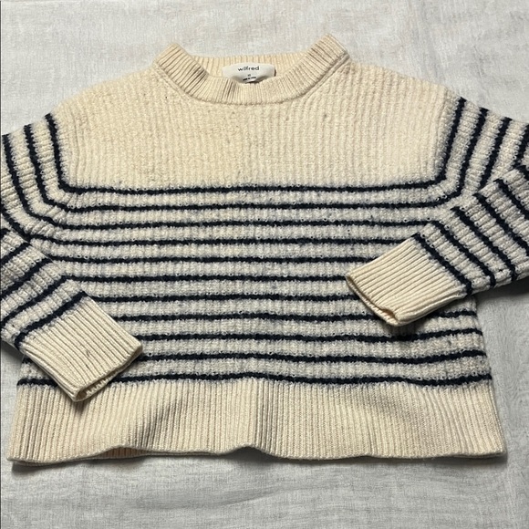 Wilfred Sweaters - Wilfred Cream and‎ Navy Striped Crew Wool Neck Sweater